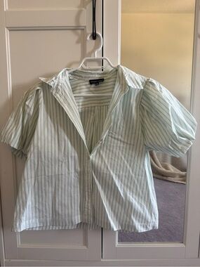 Light Green Pinstripe Button-Up Top | Puff Sleeve Blouse